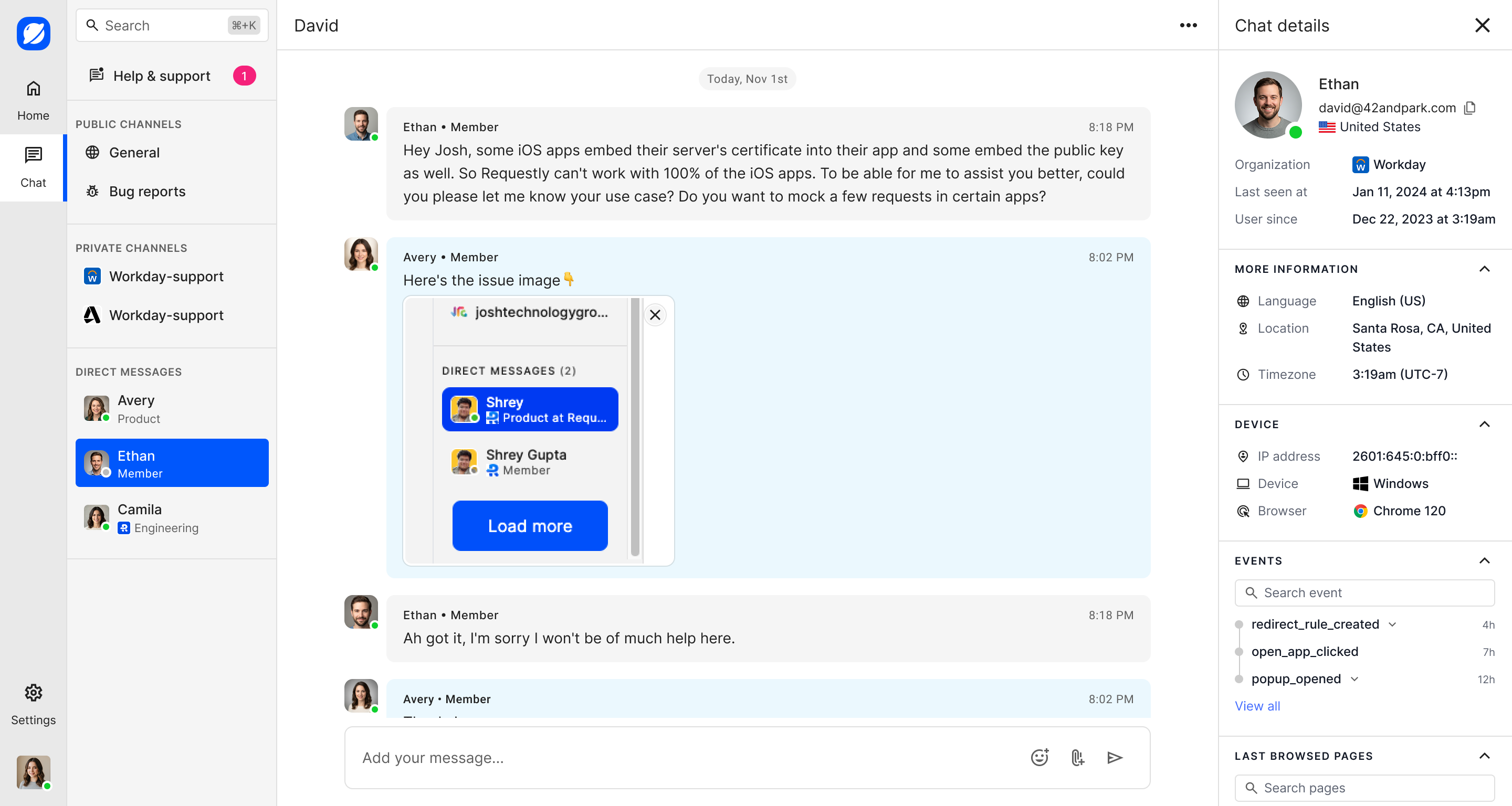 Direct conversation with customer profile, device details, and activity history